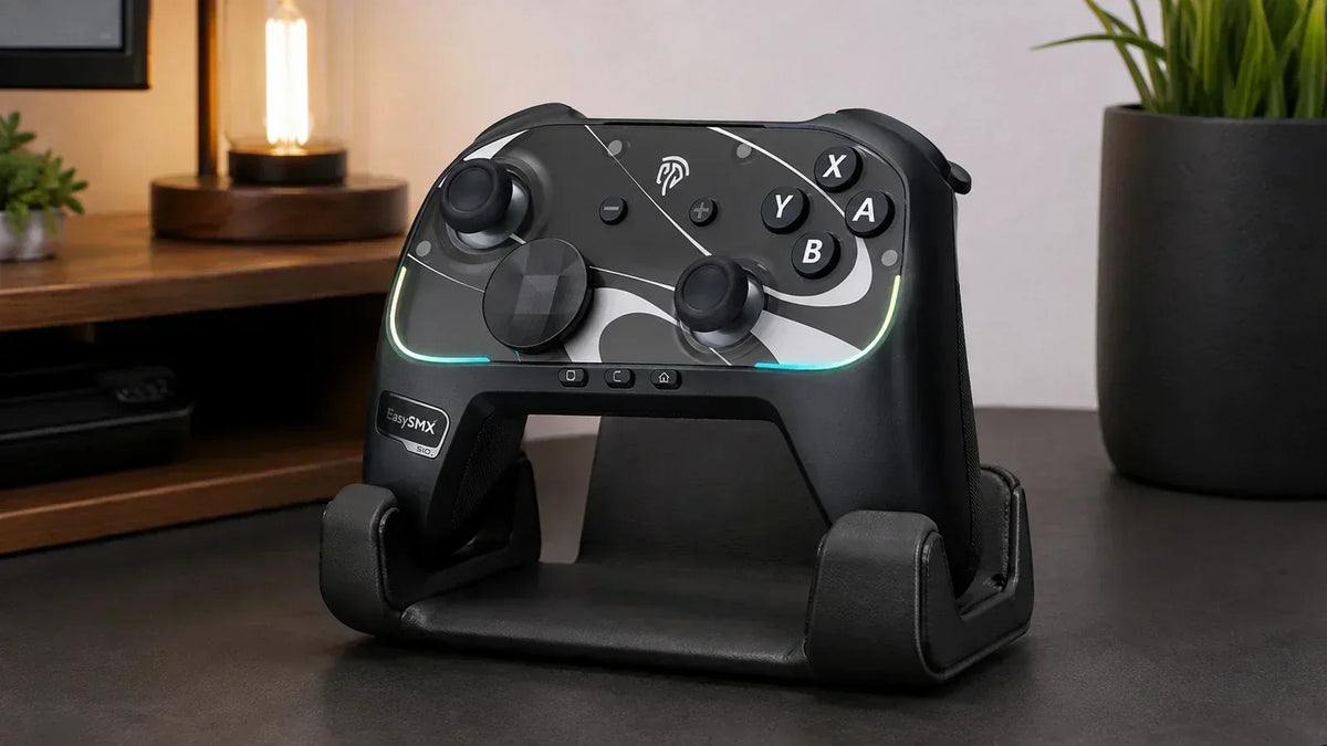 EasySMX controller sitting securely on a desktop holder with thumbsticks and buttons clear