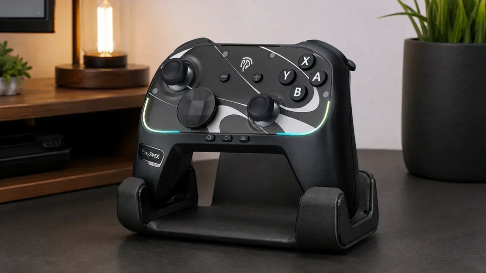 EasySMX controller sitting securely on a desktop holder with thumbsticks and buttons clear