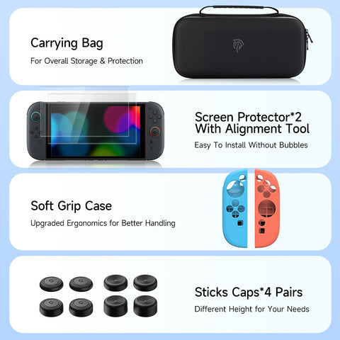 EasySMX® 4-in-1 Bundle: Carrying Bag, Screen Protector, Sticks Caps, Joy-Con Cover for Switch 2